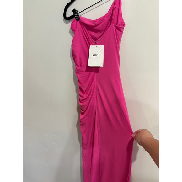 NWT Nookie Aria One Shoulder Ruched Matte Jersey Bodycon Gown Neon Pink Womens M - Picture 9 of 10